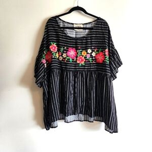 Savanna Jane Black Striped Blouse with Floral Embroidery
